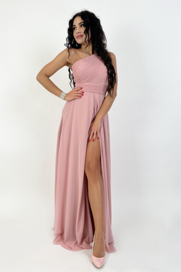 Długa sukienka z rozcięciem na nodze na jedno ramię  różowa- LASHA