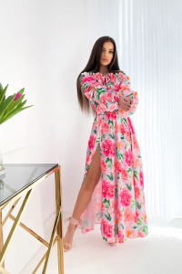 Sukienkowo - Długa sukienka hiszpanka i rozcięciem na nodze w kwiaty ELLE