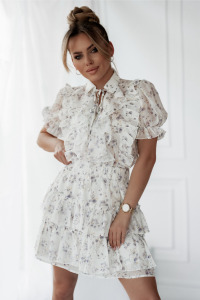 Sukienkowo - Komplet spódnica z falbanami i bluzka z bufkami w kwiatkami - ROSA