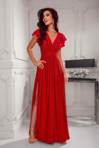Sukienkowo - Długa brokatowa sukienka z rozcięciem na nodze czerwona - CHLOE