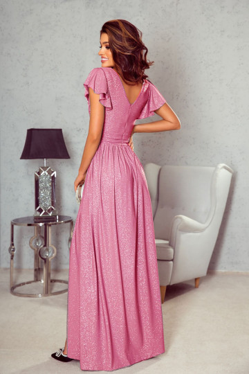 Długa brokatowa sukienka z rozcięciem na nodze Różowa - CHLOE zdjęcie drugie
