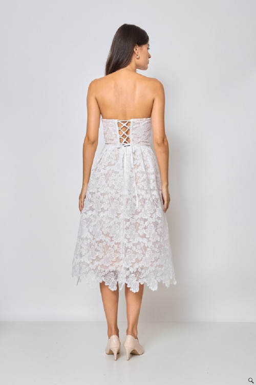 Sukienka midi gorsetowa z gipiury z wiązaniem na plecach biała - TINA