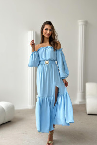 Sukienkowo - Długa sukienka hiszpanka i rozcięciem na nodze błękit PIRE