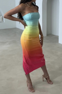 Sukienkowo - Błyszcząca sukienka midi tęczowa, kolorowa RAINBOW