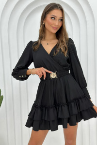 Sukienkowo - Krótka sukienka rozkloszowana z kopertowym dekoltem Czarna - KATIANA