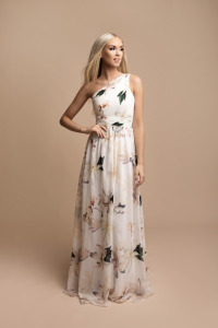 Sukienkowo - Długa sukienka na jedno ramię kwiaty ecru - JASMIN