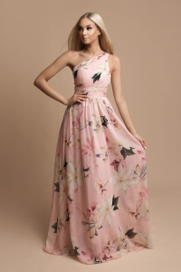 Sukienkowo - Długa sukienka na jedno ramię w kwiaty różowa - JASMIN