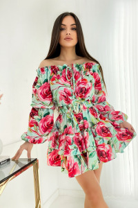 Sukienkowo - Sukienka z falbanami typu hiszpanka i paskiem kwiaty zieone- AMELIA