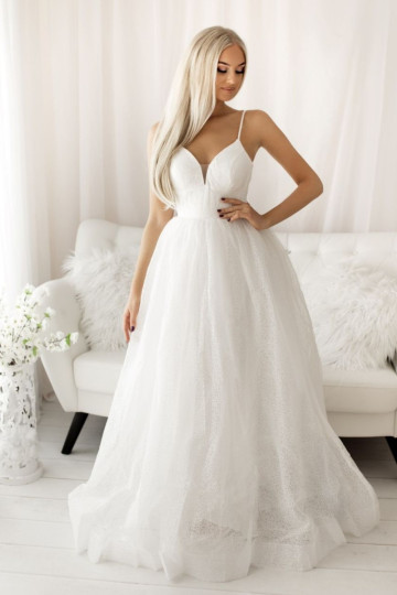Luksusowa balowa suknia ślubna z brokatem biała - RAQUEL 