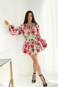  - Sukienka z falbanami typu hiszpanka i paskiem kwiaty zieone- AMELIA