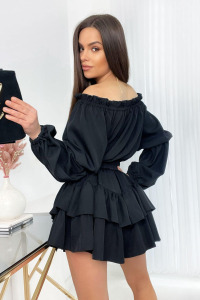 Sukienkowo - Sukienka z falbanami typu hiszpanka i paskiem czarna - AMELIA