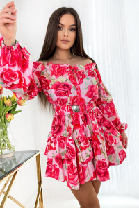 Sukienkowo - Sukienka z falbanami typu hiszpanka i paskiem kwiaty - AMELIA