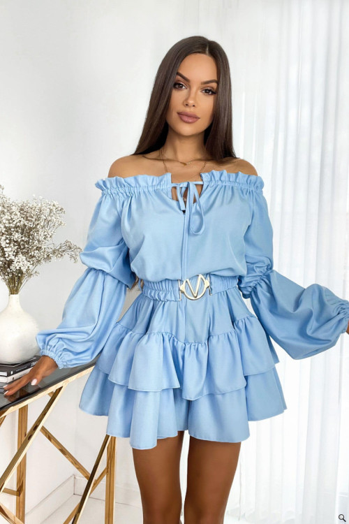 Sukienka z falbanami typu hiszpanka i paskiem błękitna - AMELIA