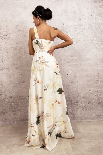 Długa sukienka na jedno ramię kwiaty ecru - JASMIN zdjęcie drugie