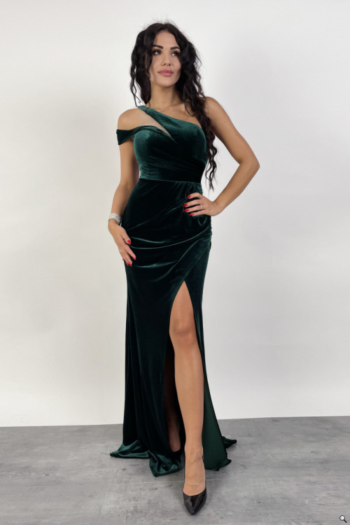 Długa wieczorowa welurowa sukienka na jedną ramię z rozcięciem PORTO Długa wieczorowa welurowa sukienka na jedną ramię z rozcięciem PORTO