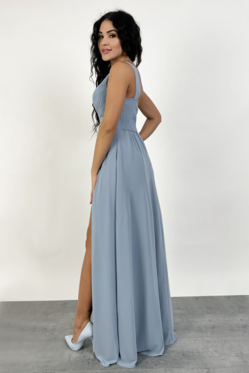 Długa sukienka z rozcięciem na nodze na jedno ramię  błękitna - LASHA zdjęcie drugie