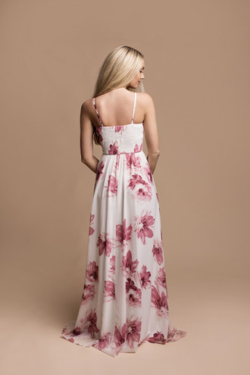 Sukienka długa w kwiaty z dekoltem V różowe kwiaty - CHARLOTTE zdjęcie drugie