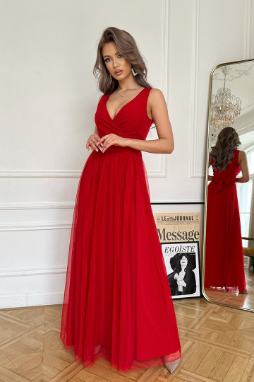 Długa sukienka z dekoltem i tiulową spódnicą czerwona - PATRICIA zdjęcie drugie