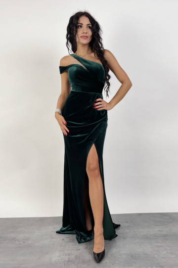 Długa wieczorowa welurowa sukienka na jedną ramię z rozcięciem PORTO zdjęcie drugie