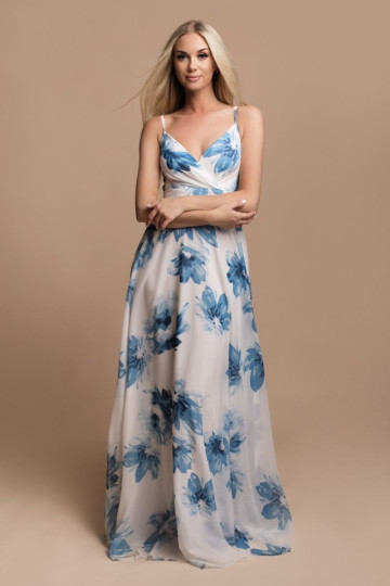 Sukienka długa w kwiaty z dekoltem V niebieskie kwiaty - CHARLOTTE