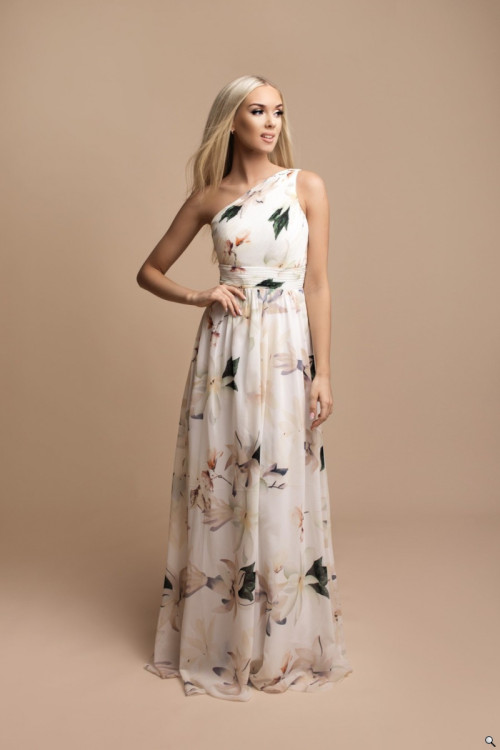 Długa sukienka na jedno ramię kwiaty ecru - JASMIN