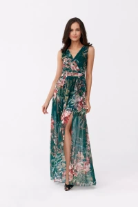 Sukienkowo - Dłyga sukienka w kwiaty z dekoltem w szpic zieleń - CIARA