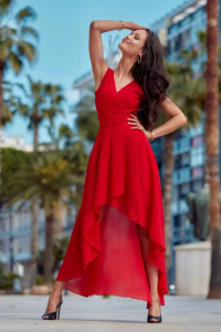 Asymetryczna sukienka z kopertowym dekoltem czerwona - EMI