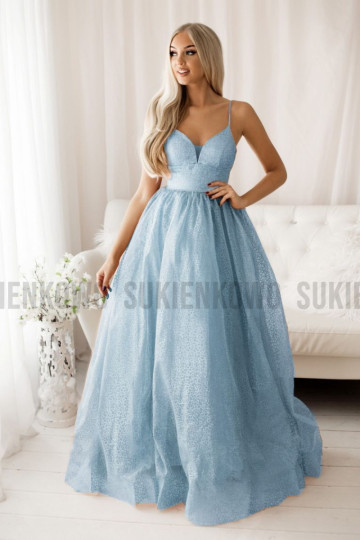 Luksusowa balowa suknia z brokatem błękitna - RAQUEL 