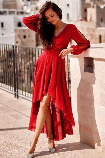Asymetryczna sukienka z kopertowym dekoltem czerwona - NADIA