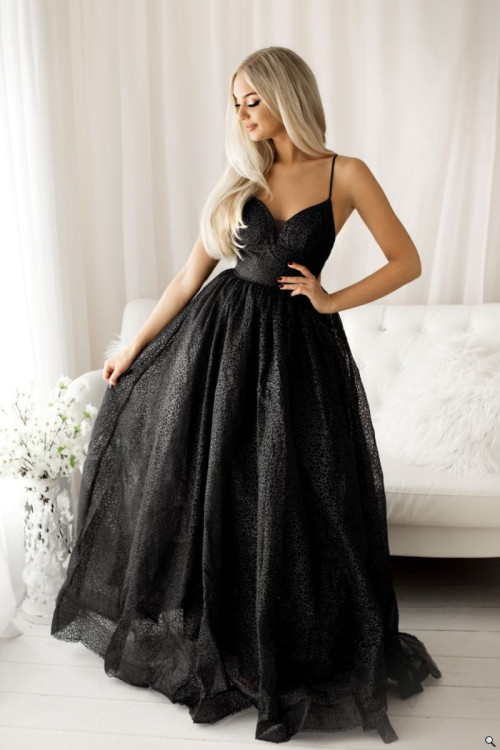 Luksusowa balowa suknia z brokatem czarna - RAQUEL 