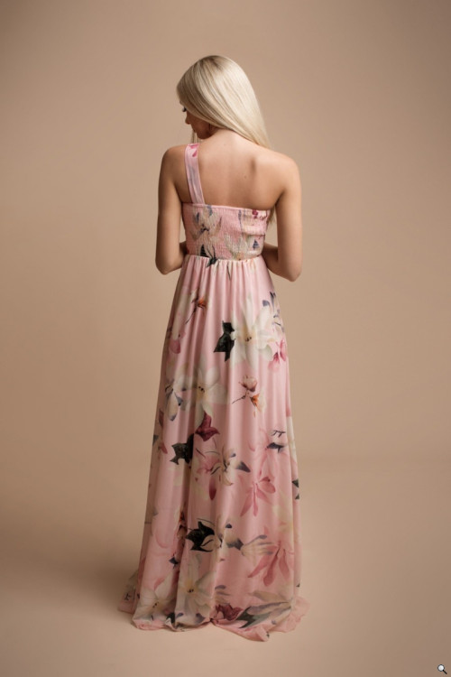 Długa sukienka na jedno ramię w kwiaty różowa - JASMIN
