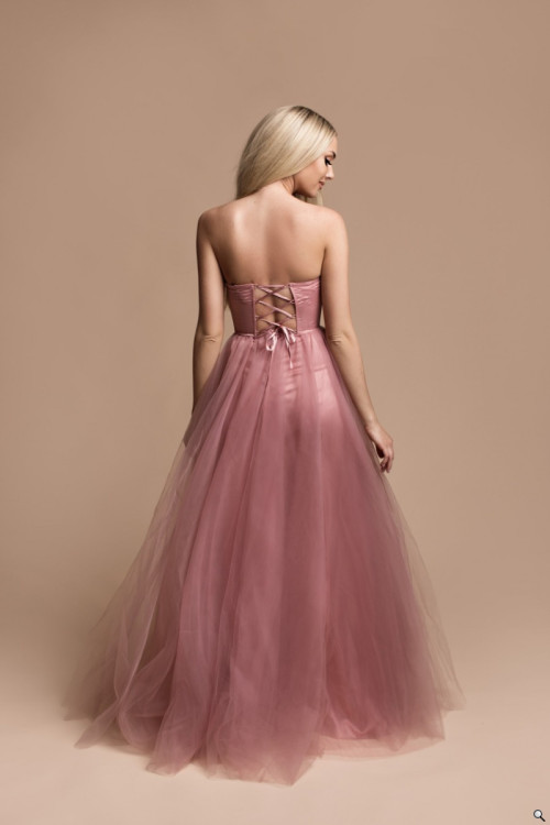 Długa tiulowa gorsetowa sukienka różowa CATIA