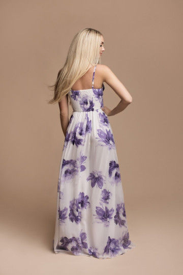 Sukienka długa w kwiaty z dekoltem V fioletowe kwiaty - CHARLOTTE zdjęcie drugie