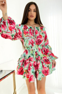 Sukienkowo - Sukienka z falbanami typu hiszpanka i paskiem kwiaty zieone- AMELIA
