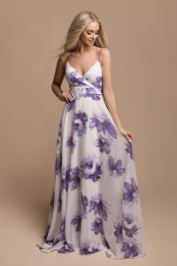 Sukienka długa w kwiaty z dekoltem V fioletowe kwiaty - CHARLOTTE
