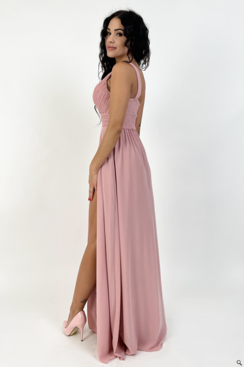 Długa sukienka z rozcięciem na nodze na jedno ramię  różowa- LASHA