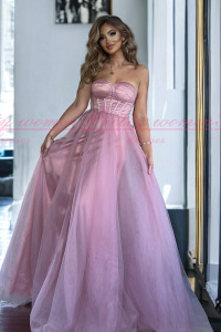  - Długa tiulowa gorsetowa sukienka różowa CATIA
