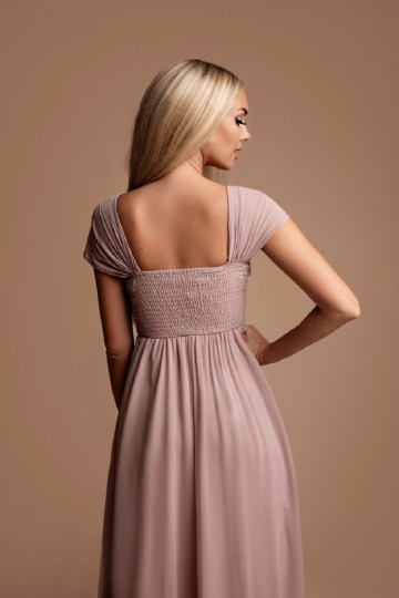 Długa rozkloszowana sukienka na ramiączkach beżowo różowa EMMA zdjęcie drugie