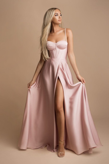  Długa jedwabna sukienka z rozcięciem na nodze różowa - LEA