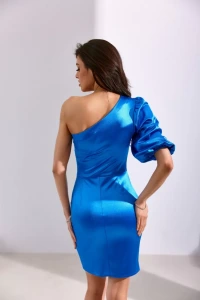 Sukienkowo - Dopasowana sukienka na jedno ramię niebieska - PILAR