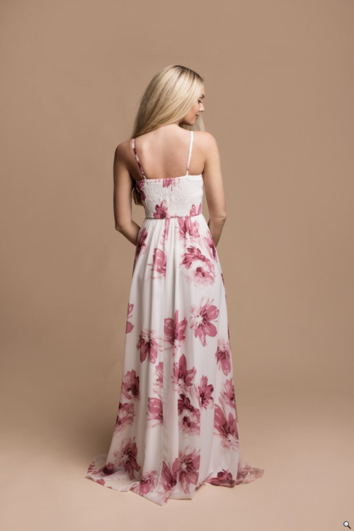 Sukienka długa w kwiaty z dekoltem V różowe kwiaty - CHARLOTTE